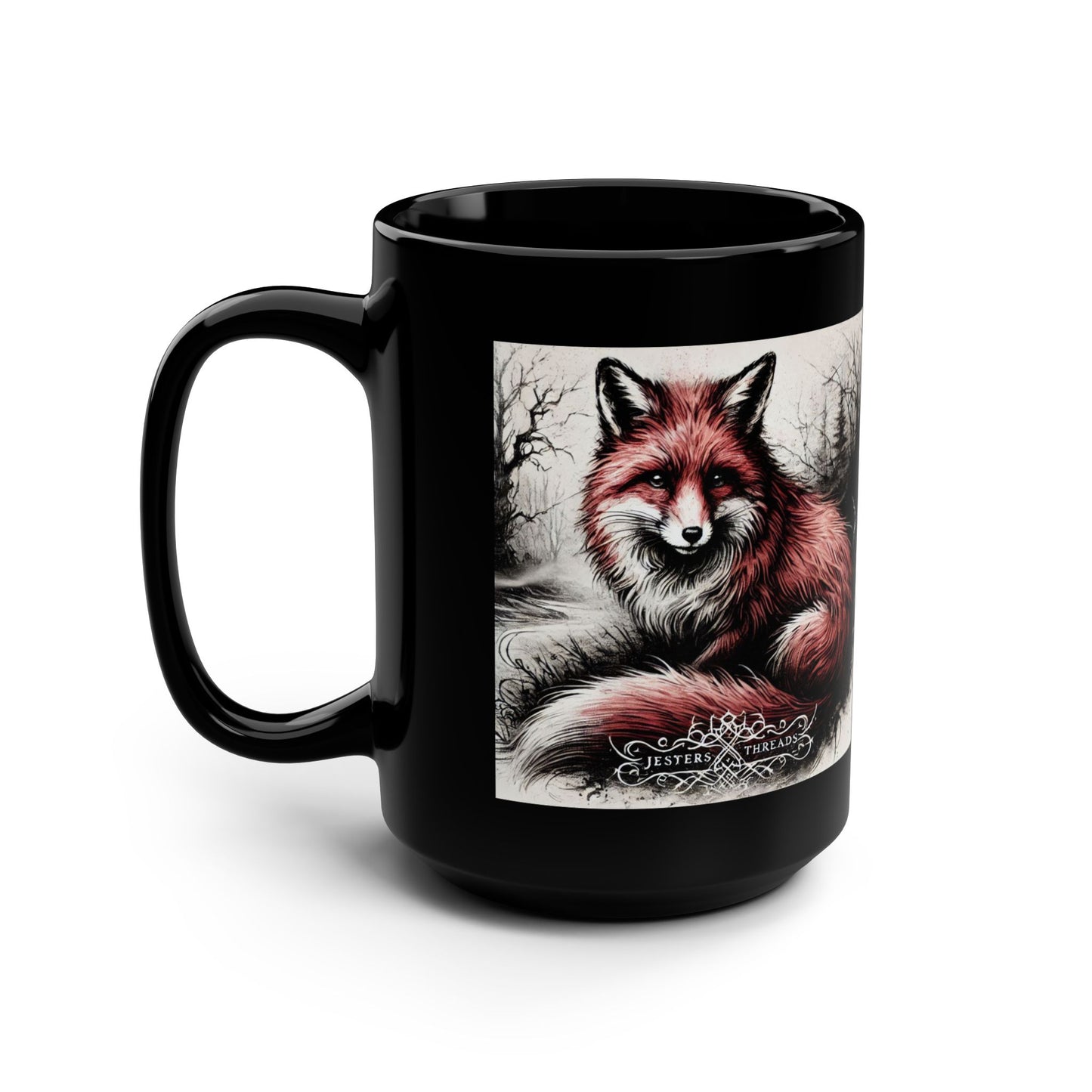 Black Mug with jesters threads fox design, 15oz