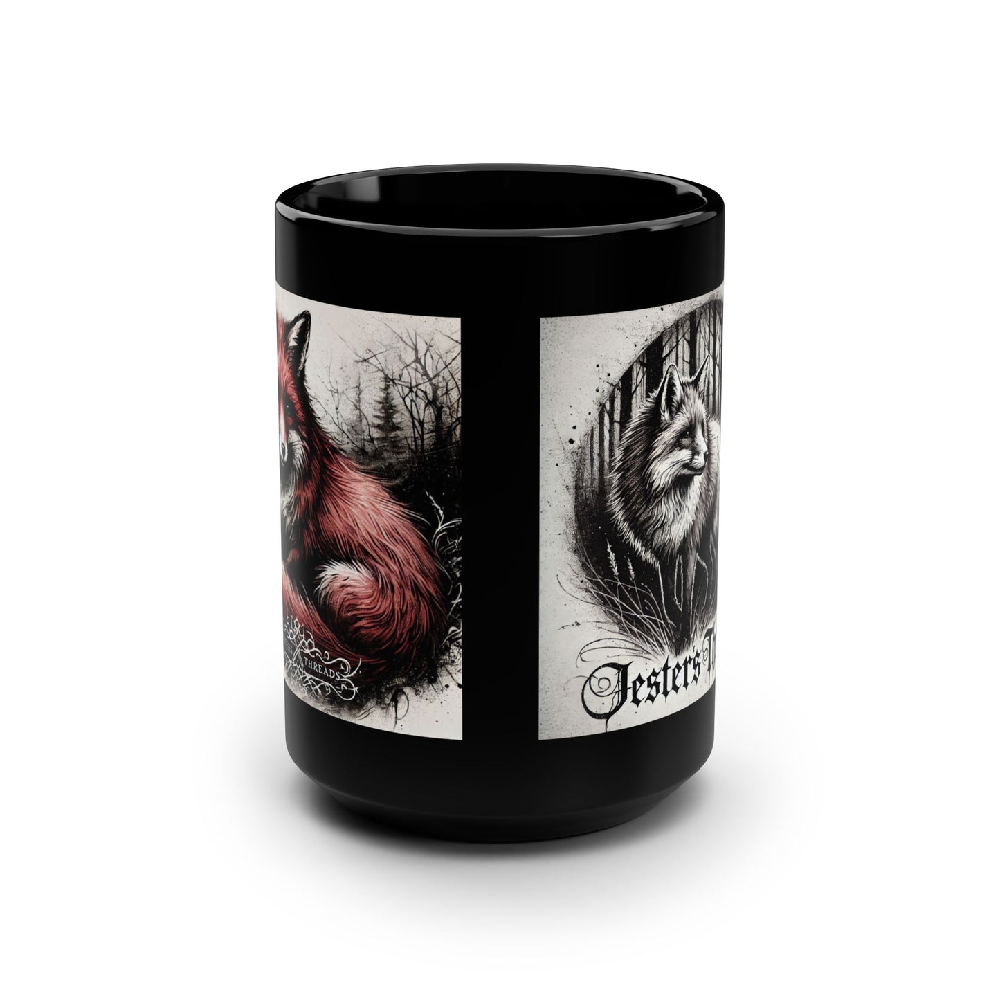 Black Mug with jesters threads fox design, 15oz