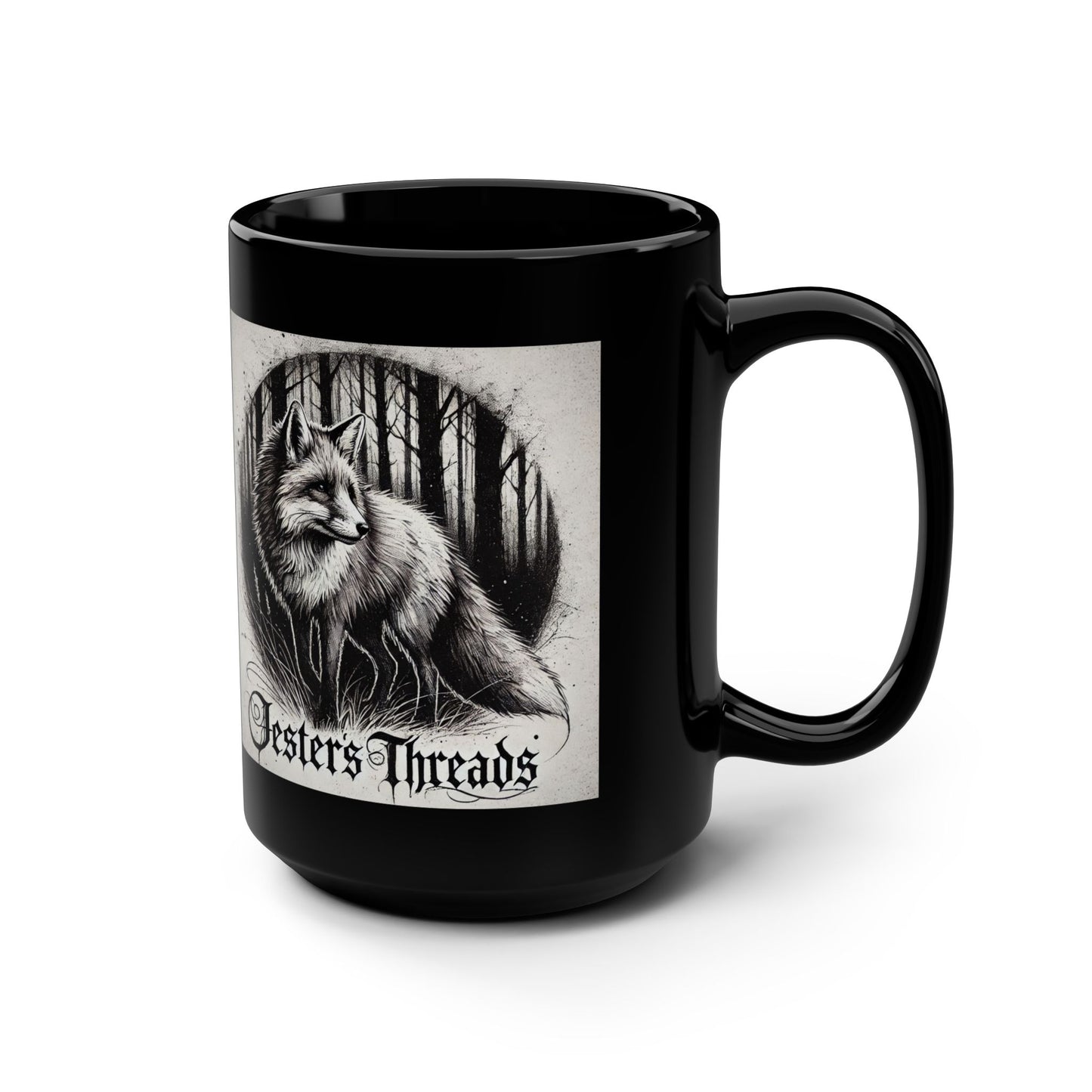 Black Mug with jesters threads fox design, 15oz